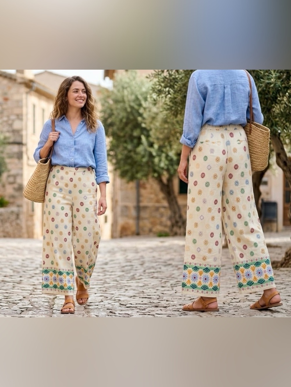 NWT Maison d'Amélie Linen Blend Printed Wide Leg Pants. Size Small